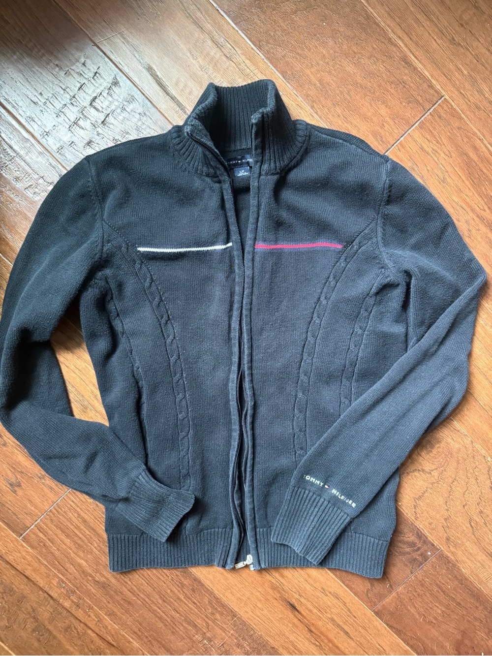 Tommy Hilfiger Black Zip-Up Cable Knit Sweater with White & Pink Accents